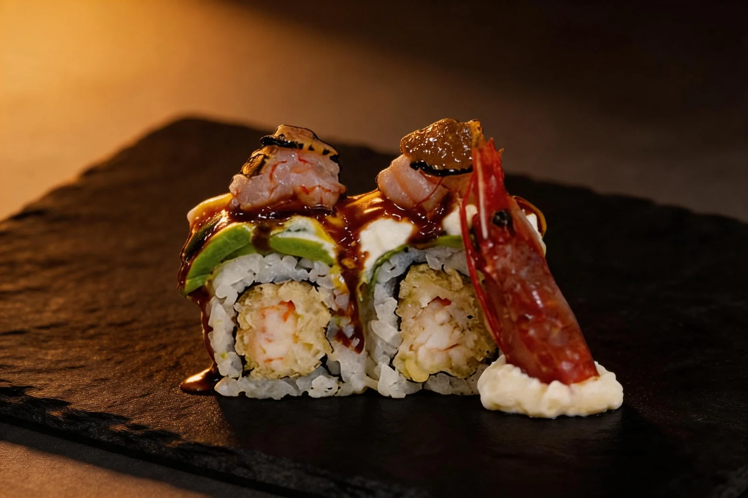 Uramaki con gamberi tempura, avocado, burrata, salsa teriyaki e un gambero rosso su ardesia scura