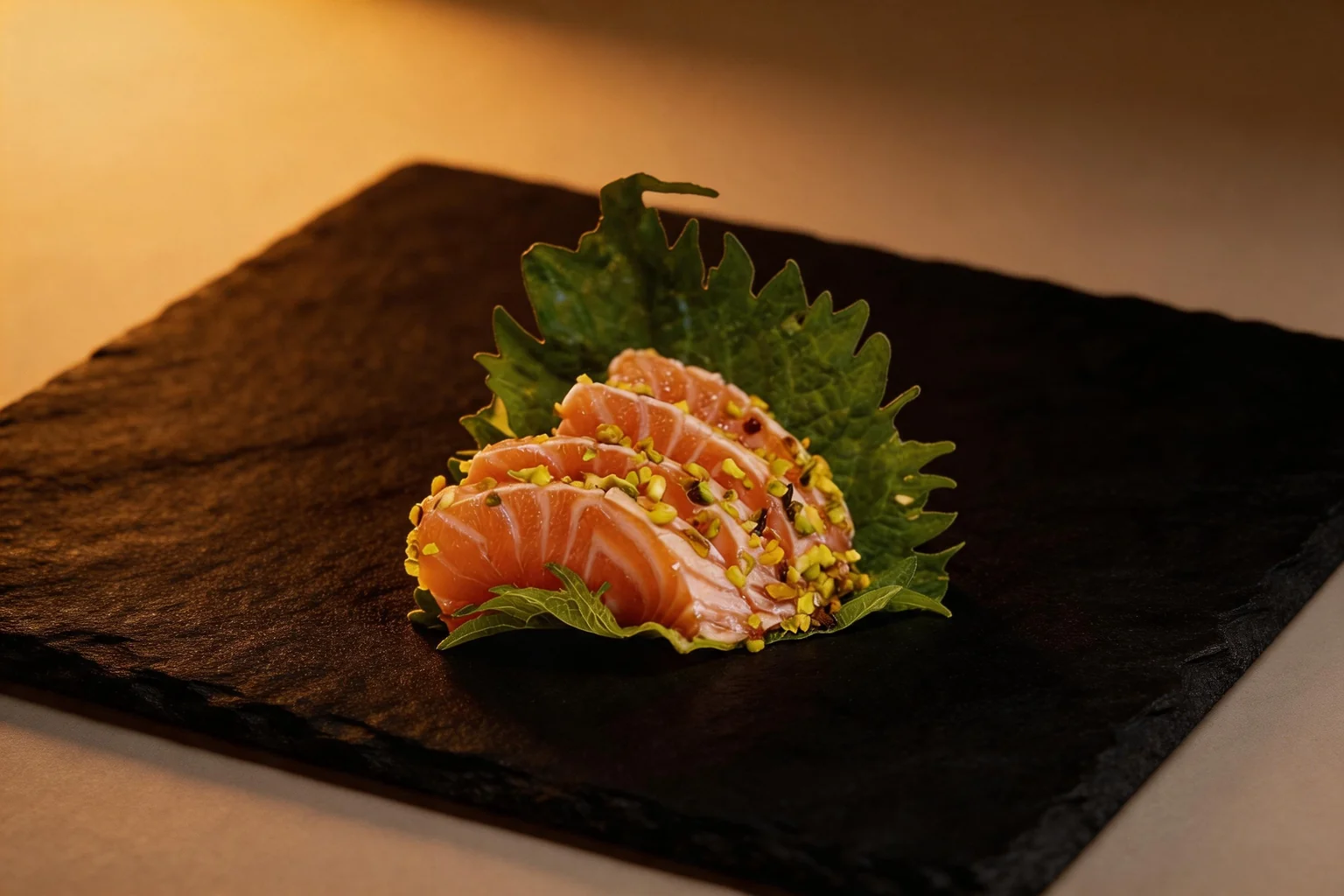 Fette di salmone scottato con granella di pistacchio su una foglia di shiso, su ardesia scura