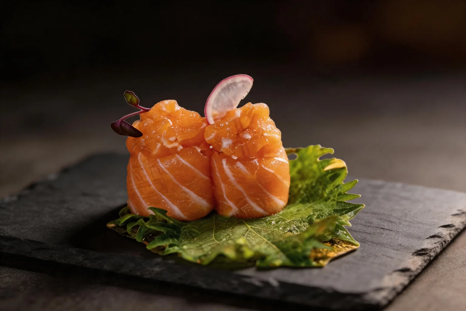 Due gio di salmone ripieni di tartare di salmone su una foglia di shiso, su ardesia scura