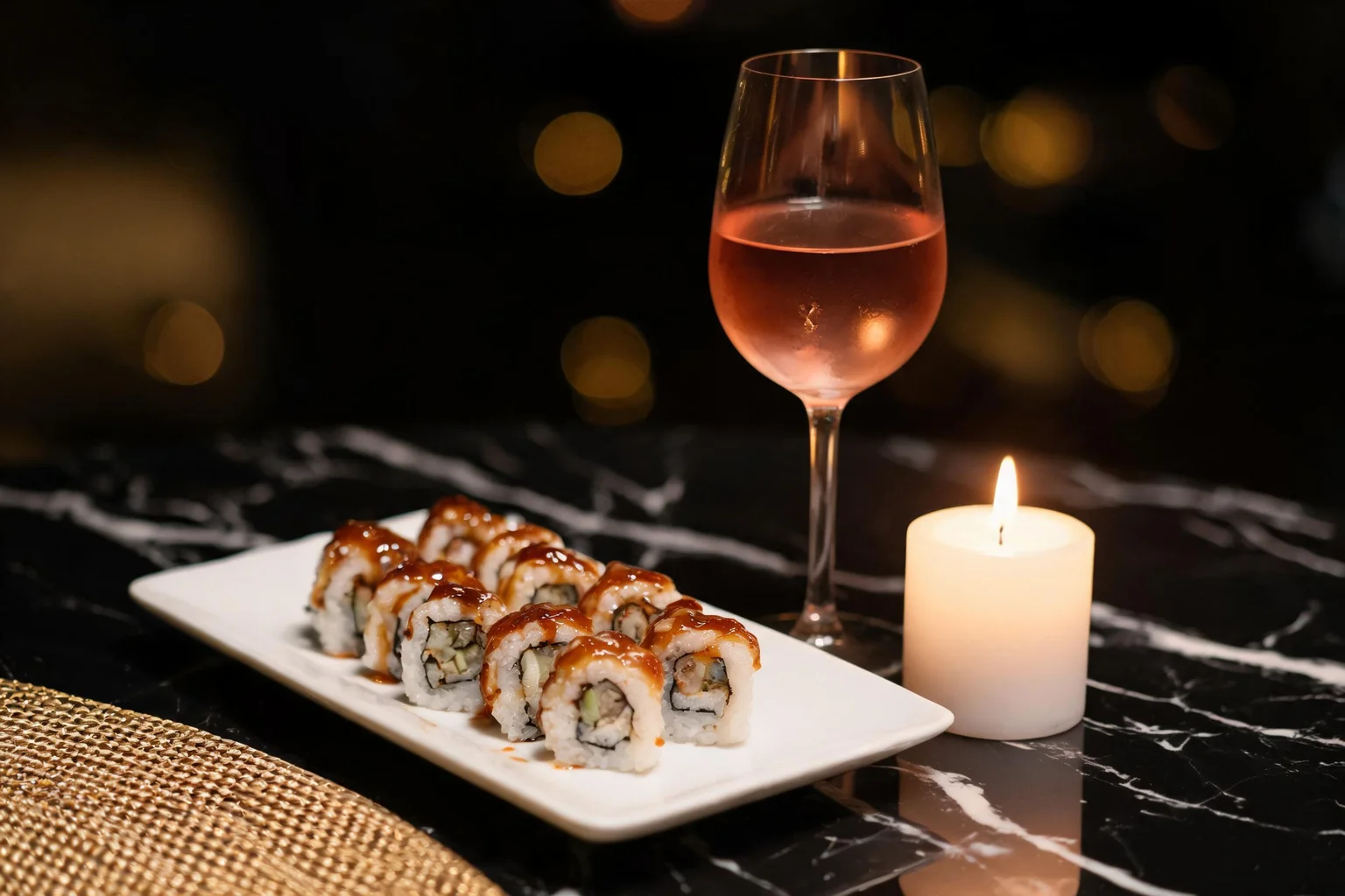 Tavola la sera: uramaki con salsa teriyaki su un piatto bianco, un calice di vino rosato e una candela sul marmo nero