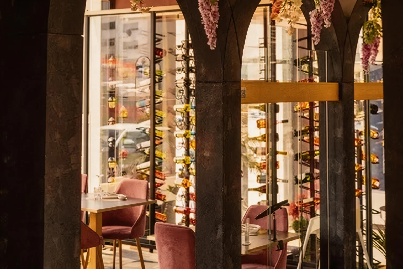 Archi neri con fiori pendenti, sedie in velluto rosa e la parete dei vini dietro il vetro.