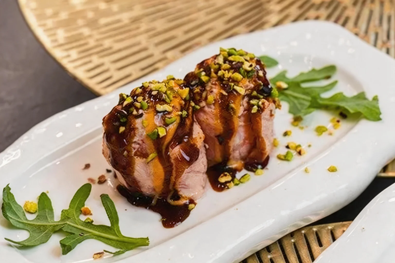 Salmone scottato con salsa teriyaki e granella di pistacchio, con rucola, su un piatto bianco.