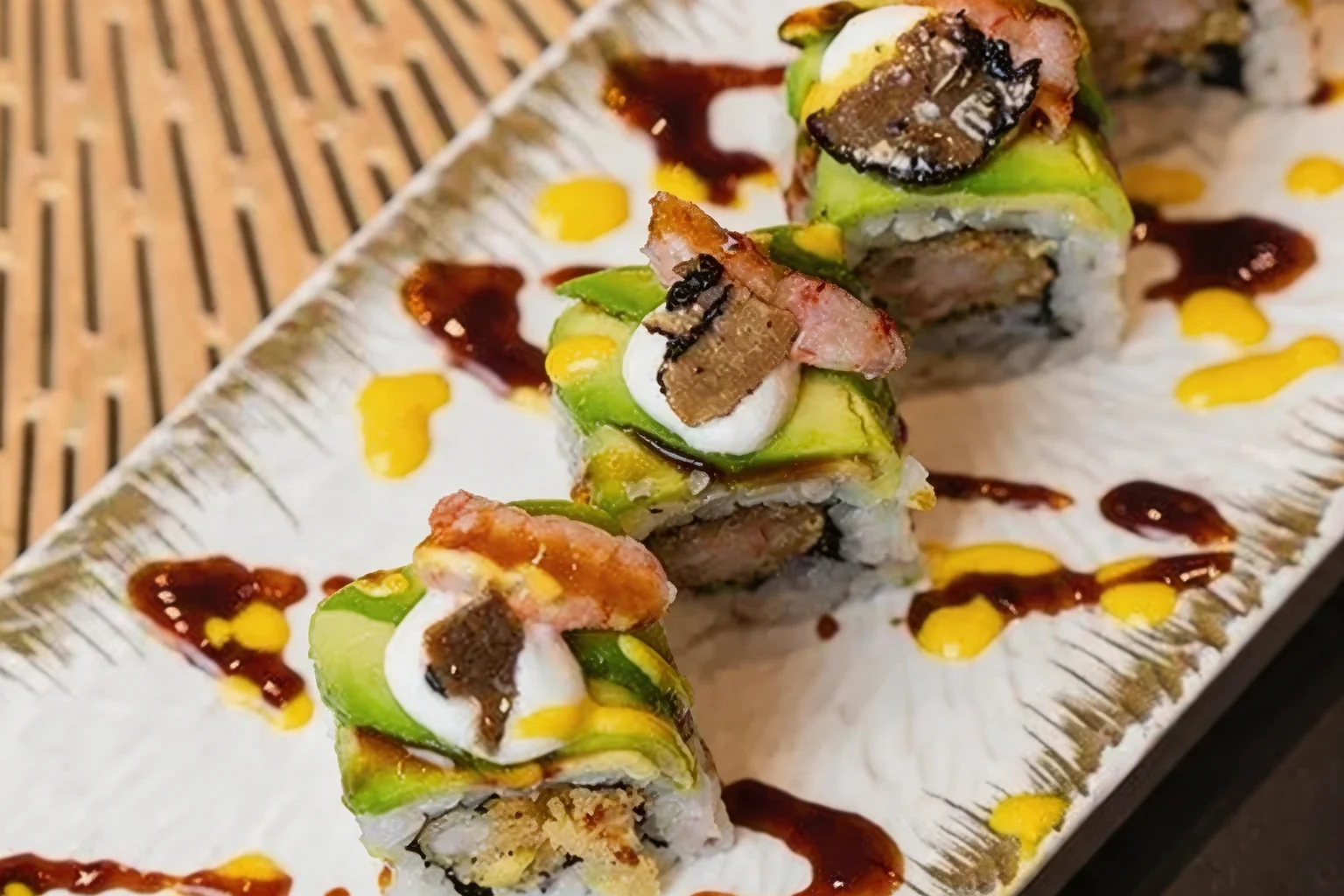 Uramaki con avocado, tartufo e gambero, con gocce di salsa gialla e di teriyaki, su un piatto bianco.